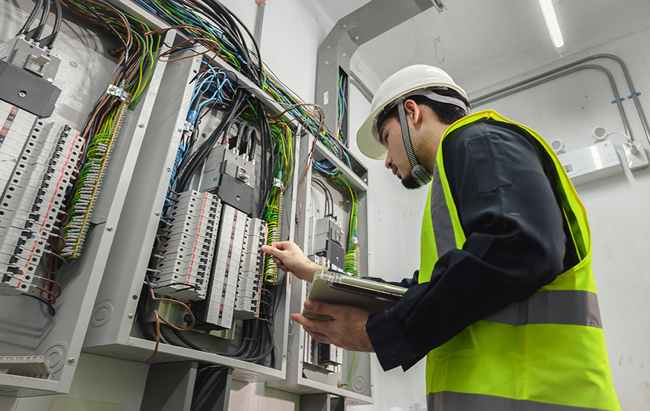 Electrician looking at an electrical panel
