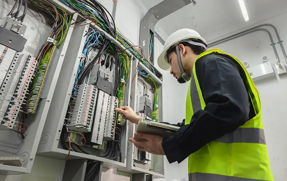 Electrician looking at an electrical panel