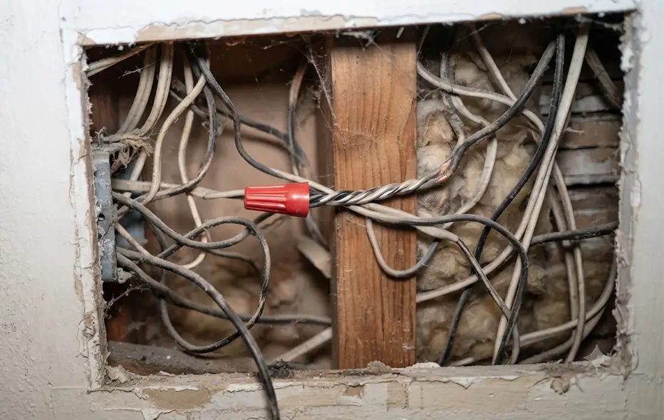 Wiring shown inside a wall of a home