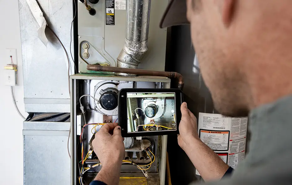 HVAC technician working on a furnace repair